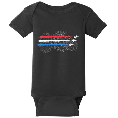 Red White And Blue Fighter Jets With Fireworks 4th Of July Baby Bodysuit