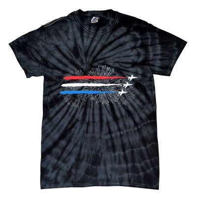 Red White And Blue Fighter Jets With Fireworks 4th Of July Tie-Dye T-Shirt