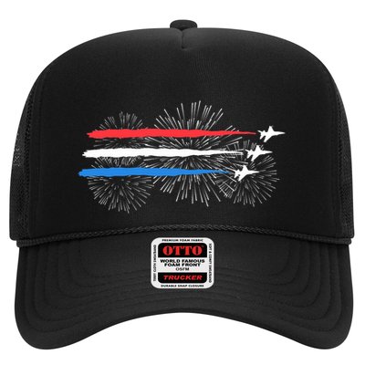 Red White And Blue Fighter Jets With Fireworks 4th Of July Trucker Hat