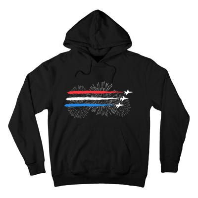 Red White And Blue Fighter Jets With Fireworks 4th Of July Tall Hoodie