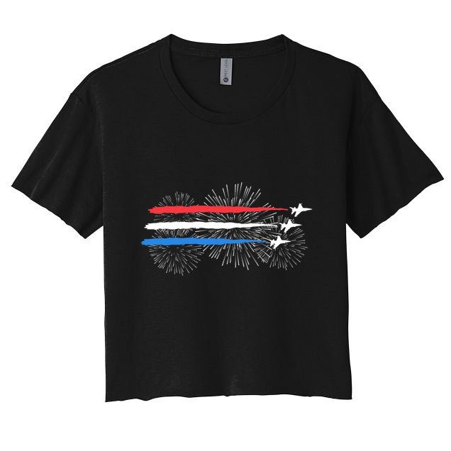 Red White And Blue Fighter Jets With Fireworks 4th Of July Crop Top