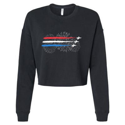 Red White And Blue Fighter Jets With Fireworks 4th Of July Cropped Pullover Crew