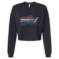 Red White And Blue Fighter Jets With Fireworks 4th Of July Cropped Pullover Crew
