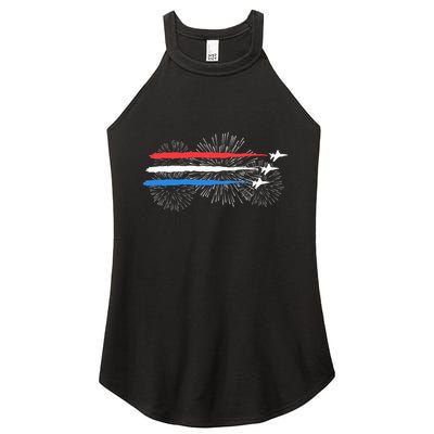 Red White And Blue Fighter Jets With Fireworks 4th Of July Women's Perfect Tri Rocker Tank