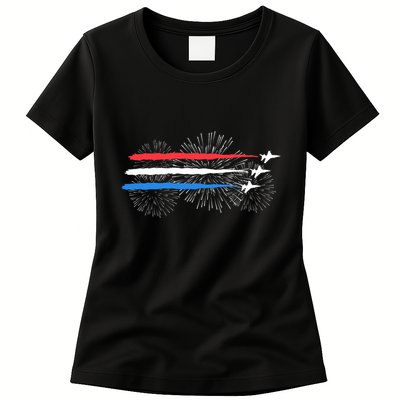 Red White And Blue Fighter Jets With Fireworks 4th Of July Womens T-Shirt