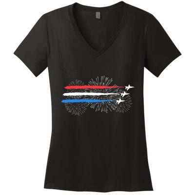 Red White And Blue Fighter Jets With Fireworks 4th Of July Women's V-Neck T-Shirt