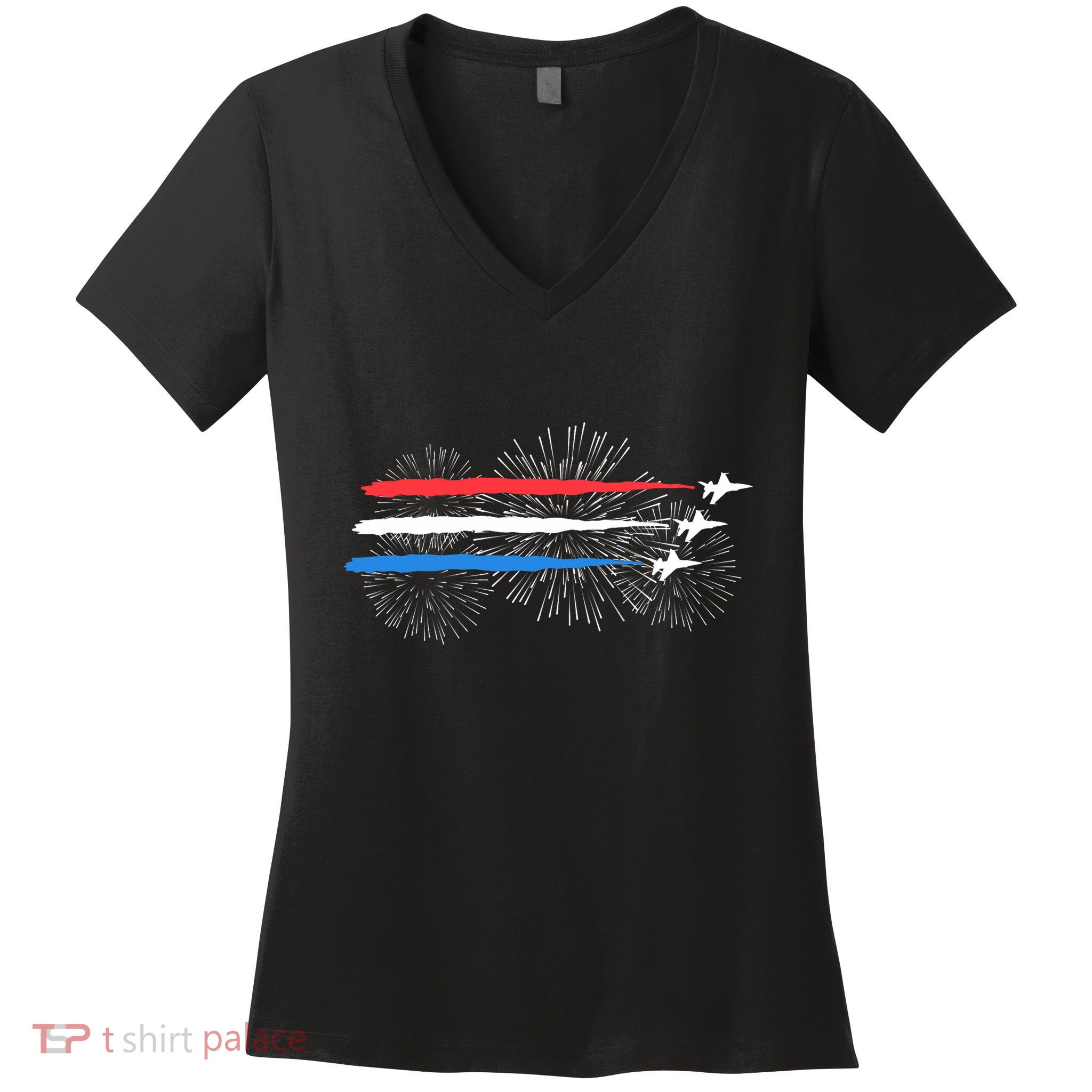 Red White And Blue Fighter Jets With Fireworks 4th Of July Women's V-Neck T-Shirt