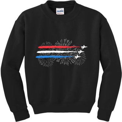 Red White And Blue Fighter Jets With Fireworks 4th Of July Kids Sweatshirt