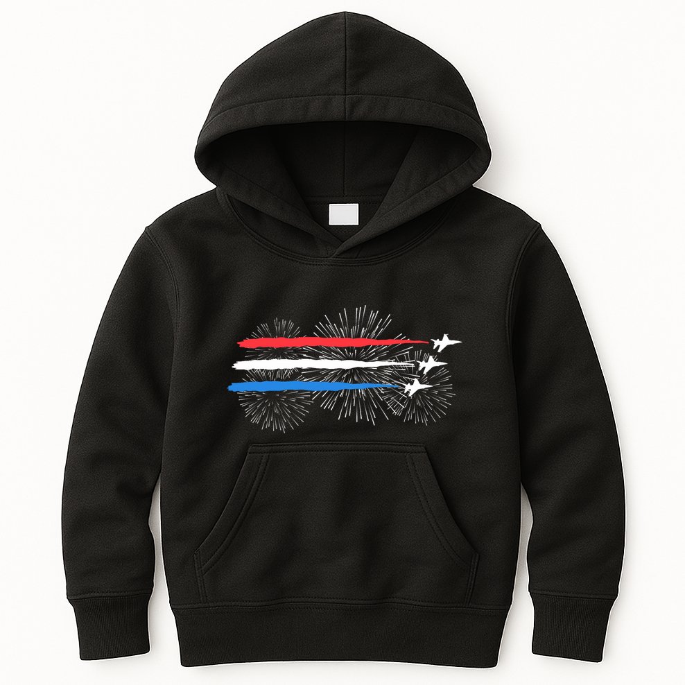 Red White And Blue Fighter Jets With Fireworks 4th Of July Kids Hoodie
