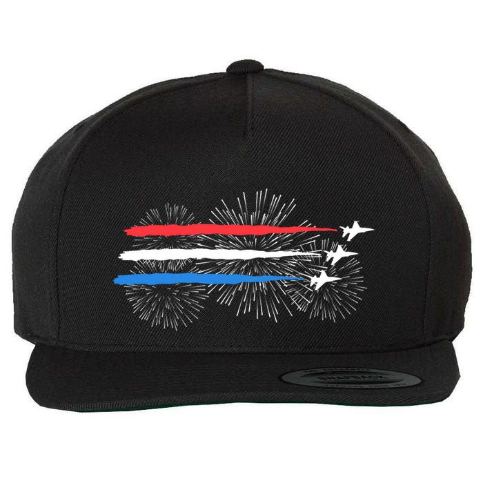 Red White And Blue Fighter Jets With Fireworks 4th Of July Wool Snapback Cap