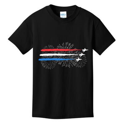 Red White And Blue Fighter Jets With Fireworks 4th Of July Kids T-Shirt
