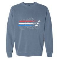 Red White And Blue Fighter Jets With Fireworks 4th Of July Garment-Dyed Sweatshirt