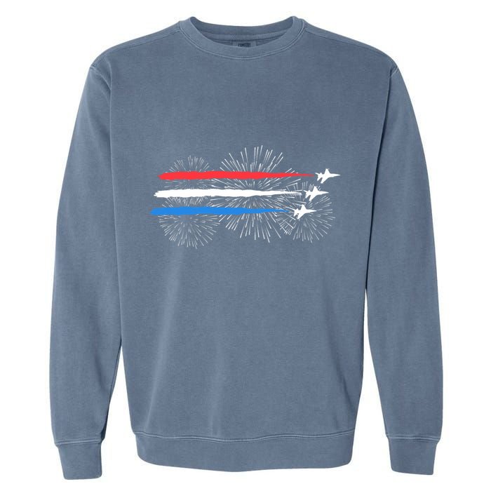 Red White And Blue Fighter Jets With Fireworks 4th Of July Garment-Dyed Sweatshirt