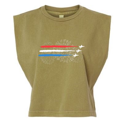 Red White And Blue Fighter Jets With Fireworks 4th Of July Garment-Dyed Women's Muscle Tee