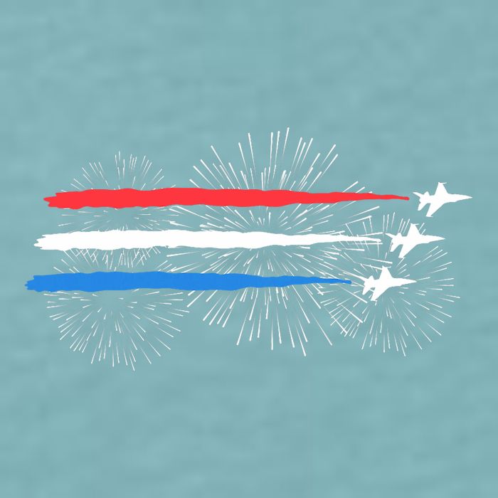 Red White And Blue Fighter Jets With Fireworks 4th Of July Sueded Cloud Jersey T-Shirt