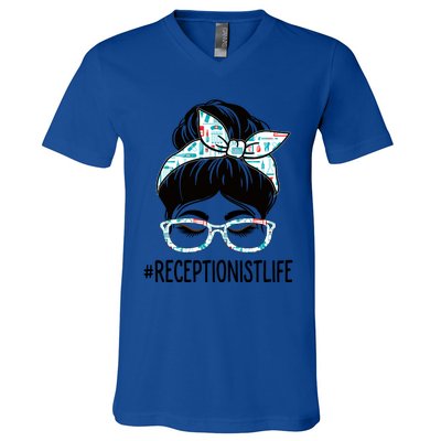 Receptionist Week Appreciation Day Messy Bun For Work Gift V-Neck T-Shirt