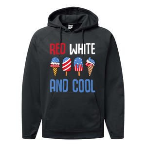 Red White And Cool Patriotic Ice Cream Popsicle 4th Of July Performance Fleece Hoodie