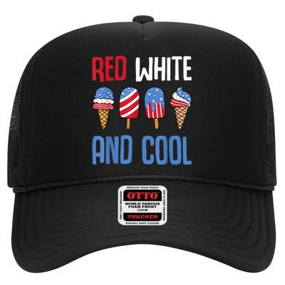 Red White And Cool Patriotic Ice Cream Popsicle 4th Of July High Crown Mesh Back Trucker Hat