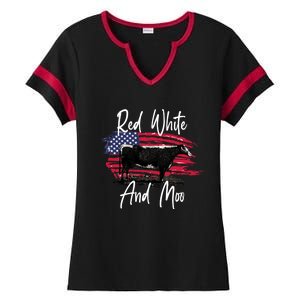 Red White And Moo Funny Cute Cows Animal Lover Graphic Cool Gift Ladies Halftime Notch Neck Tee