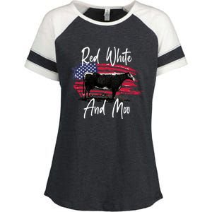 Red White And Moo Funny Cute Cows Animal Lover Graphic Cool Gift Enza Ladies Jersey Colorblock Tee