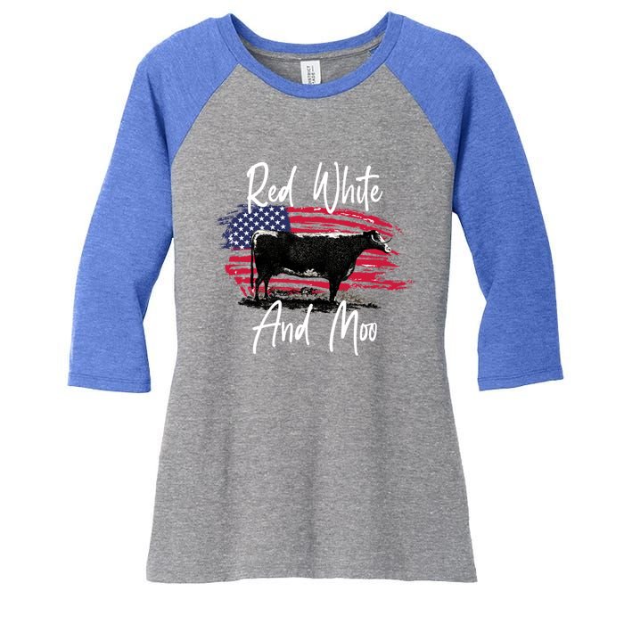 Red White And Moo Funny Cute Cows Animal Lover Graphic Cool Gift Women's Tri-Blend 3/4-Sleeve Raglan Shirt