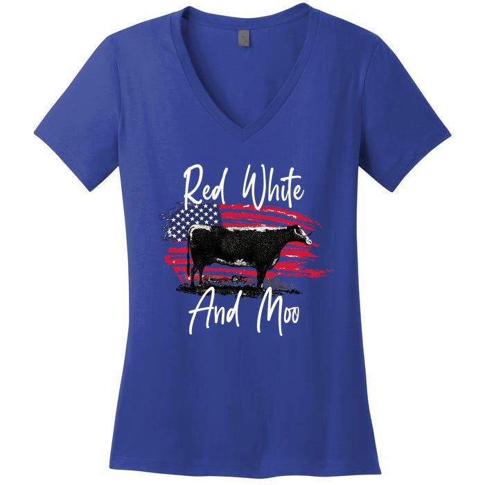 Red White And Moo Funny Cute Cows Animal Lover Graphic Cool Gift Women's V-Neck T-Shirt