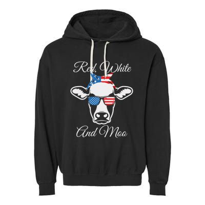 Red White And Moo Patriotic Cow Usa Flag Funny 4th Of July Gift Garment-Dyed Fleece Hoodie