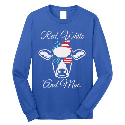 Red White And Moo Patriotic Cow Usa Flag Funny 4th Of July Gift Long Sleeve Shirt