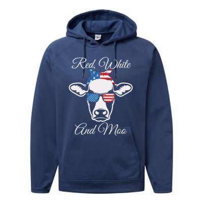 Red White And Moo Patriotic Cow Usa Flag Funny 4th Of July Gift Performance Fleece Hoodie