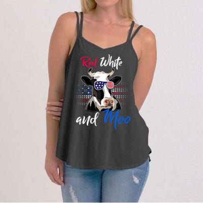 Red White And Moo Patriotic Cow Usa Flag Funny 4th Of July Gift Women's Strappy Tank