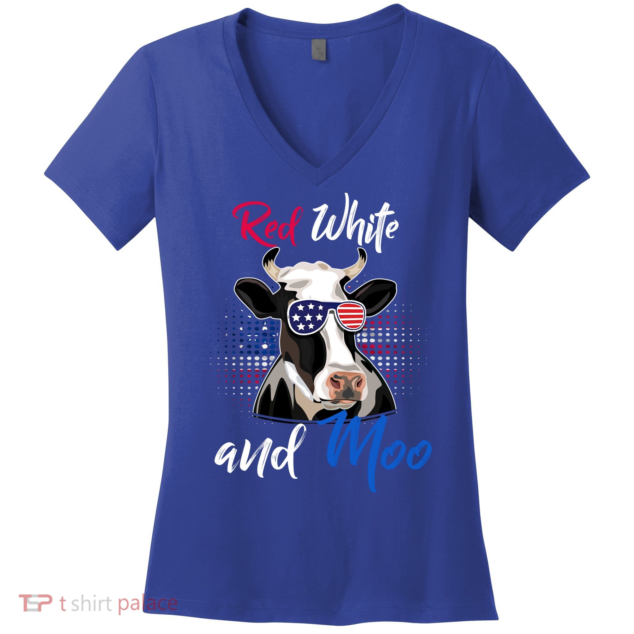 Red White And Moo Patriotic Cow Usa Flag Funny 4th Of July Gift Women's V-Neck T-Shirt