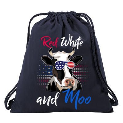 Red White And Moo Patriotic Cow Usa Flag Funny 4th Of July Gift Drawstring Bag