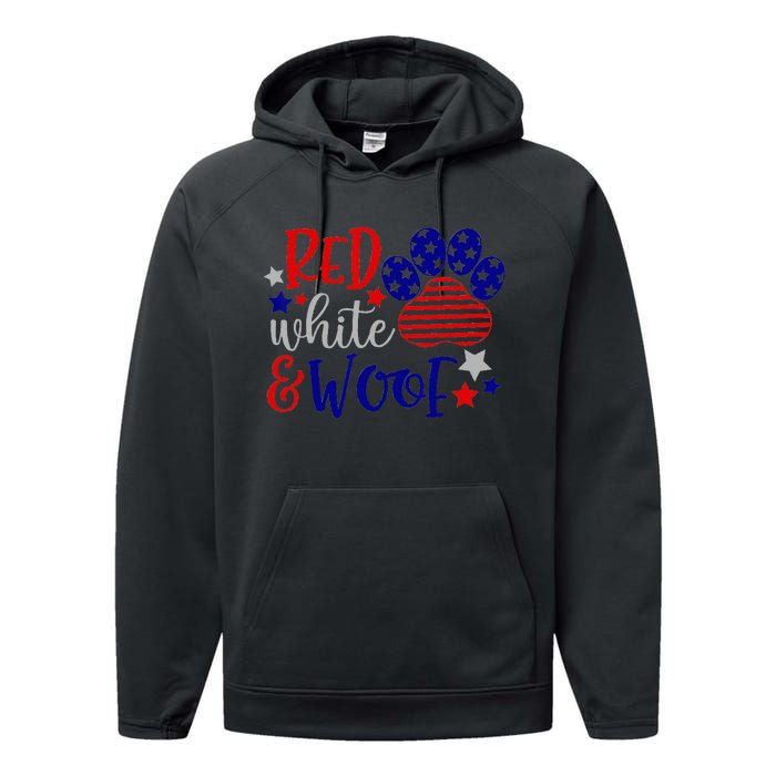 Red White And Woof Patriotic Dog Lover USA Flag 4th Of July Performance Fleece Hoodie