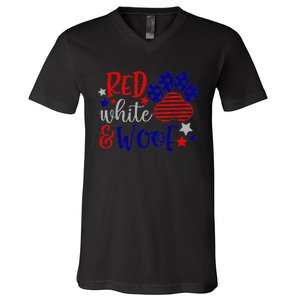 Red White And Woof Patriotic Dog Lover USA Flag 4th Of July V-Neck T-Shirt