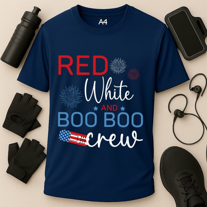 Red White And Boo Boo Crew 4th Of July Nurse Nursing Cooling Performance Crew T-Shirt