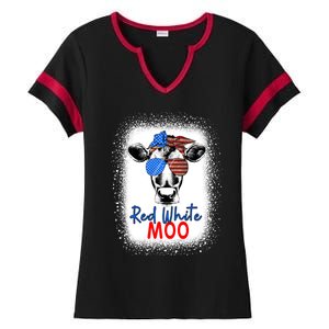 Red White And Moo Cow 4th Of July Usa Flag Farmer Patriotic Cute Gift Ladies Halftime Notch Neck Tee