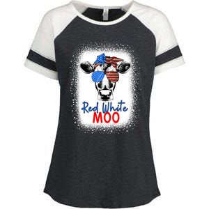 Red White And Moo Cow 4th Of July Usa Flag Farmer Patriotic Cute Gift Enza Ladies Jersey Colorblock Tee