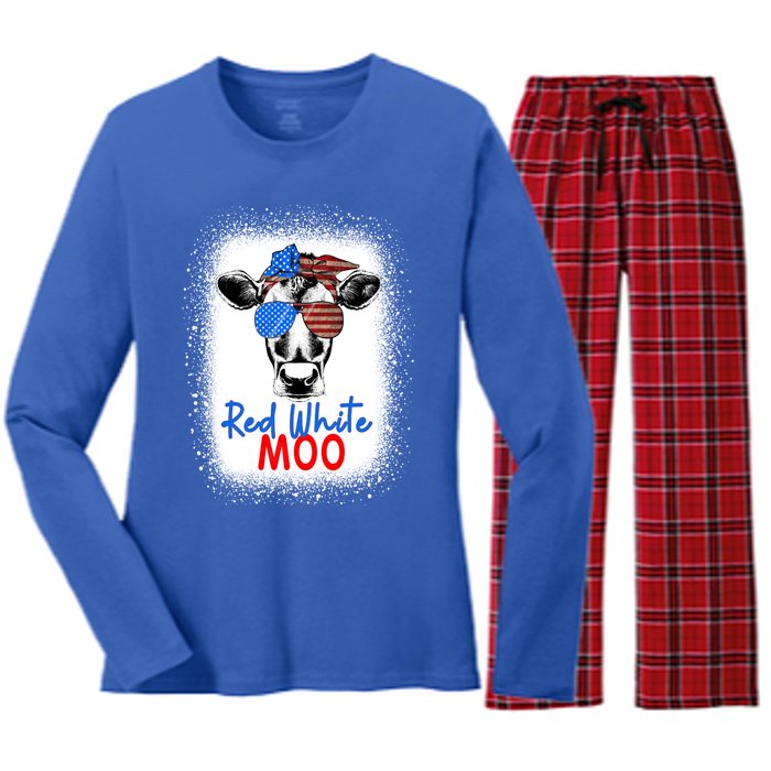 Red White And Moo Cow 4th Of July Usa Flag Farmer Patriotic Cute Gift Women's Long Sleeve Flannel Pajama Set 