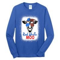 Red White And Moo Cow 4th Of July Usa Flag Farmer Patriotic Cute Gift Tall Long Sleeve T-Shirt