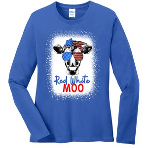 Red White And Moo Cow 4th Of July Usa Flag Farmer Patriotic Cute Gift Ladies Long Sleeve Shirt