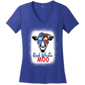 Red White And Moo Cow 4th Of July Usa Flag Farmer Patriotic Cute Gift Women's V-Neck T-Shirt