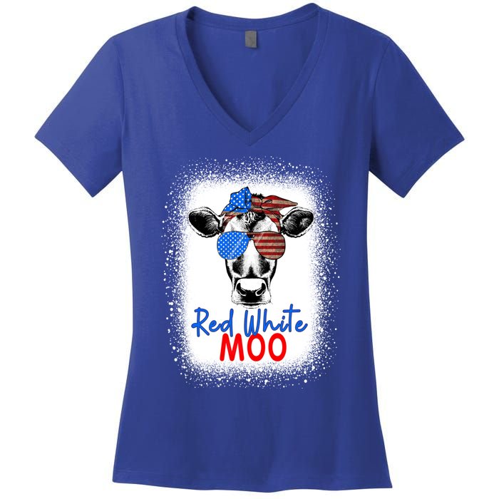 Red White And Moo Cow 4th Of July Usa Flag Farmer Patriotic Cute Gift Women's V-Neck T-Shirt