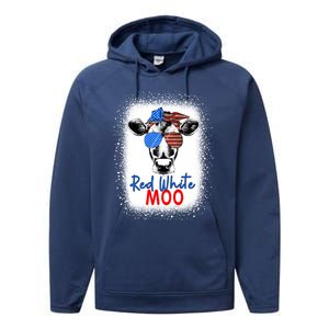 Red White And Moo Cow 4th Of July Usa Flag Farmer Patriotic Cute Gift Performance Fleece Hoodie