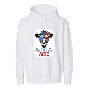 Red White And Moo Cow 4th Of July Usa Flag Farmer Patriotic Cute Gift Garment-Dyed Fleece Hoodie