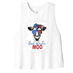 Red White And Moo Cow 4th Of July Usa Flag Farmer Patriotic Cute Gift Women's Racerback Cropped Tank