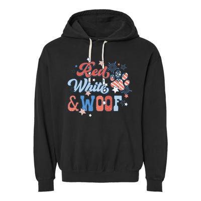 Red White And Woof Patriotic Dog Lover USA Flag 4th Of July Garment-Dyed Fleece Hoodie
