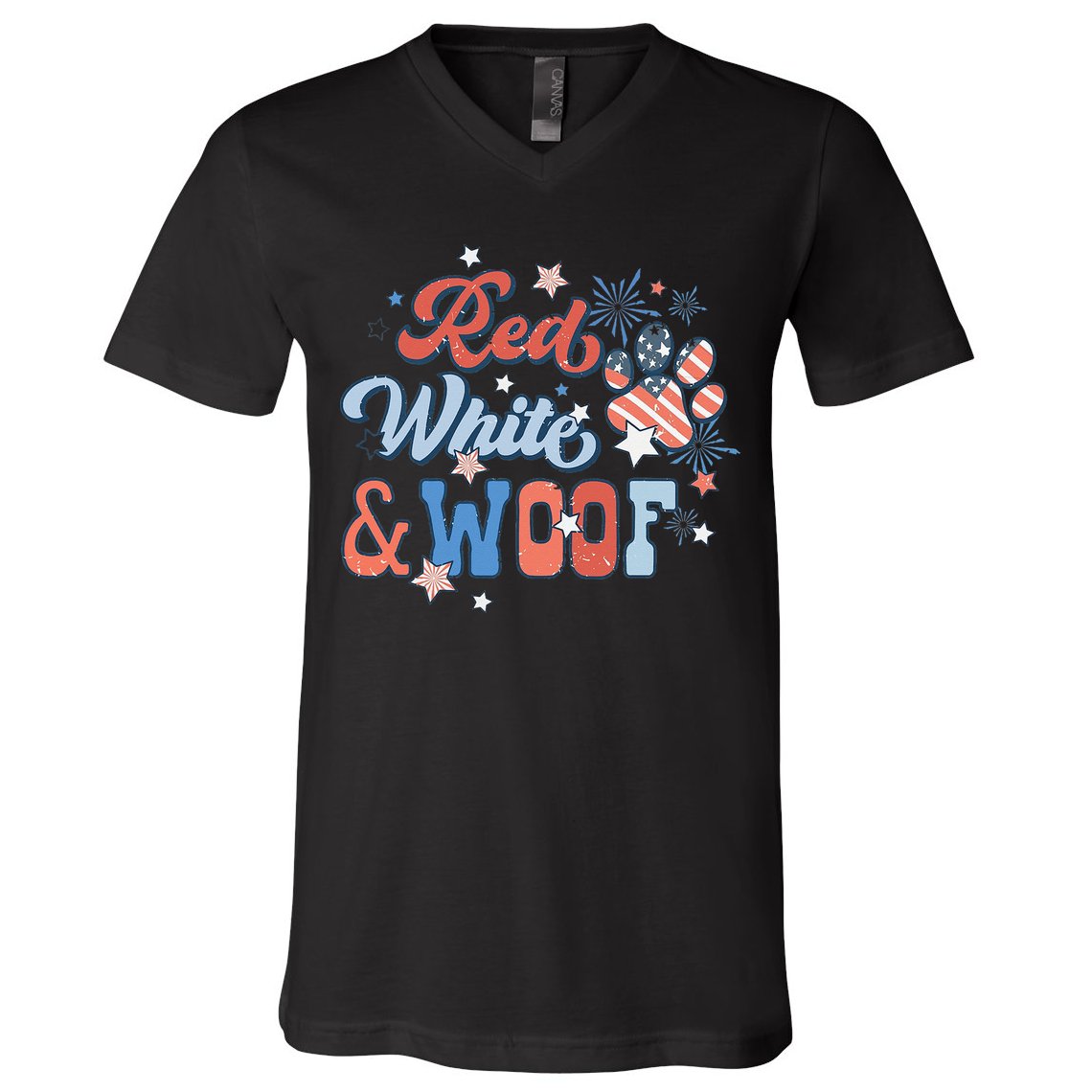 Red White And Woof Patriotic Dog Lover USA Flag 4th Of July V-Neck T-Shirt
