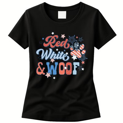Red White And Woof Patriotic Dog Lover USA Flag 4th Of July Womens T-Shirt