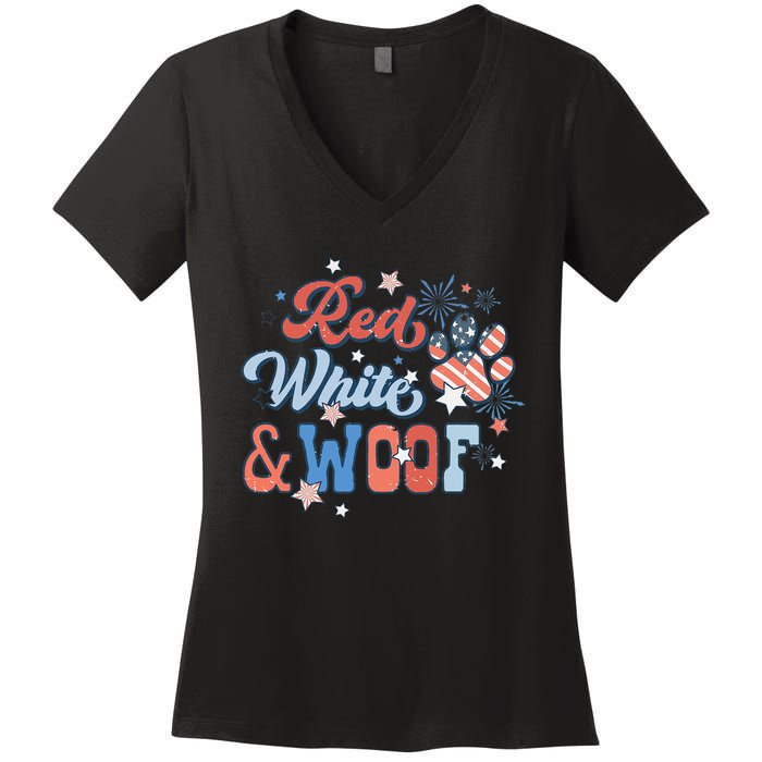 Red White And Woof Patriotic Dog Lover USA Flag 4th Of July Women's V-Neck T-Shirt