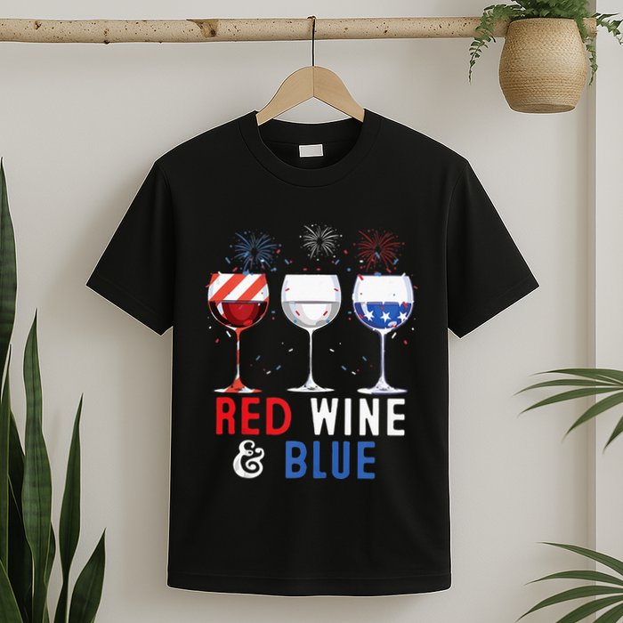Red Wine And Blue Funny 4th Of July Wine Lover T-Shirt